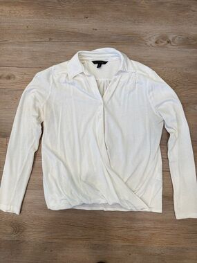 Banana Republic Cream Faux-Wrap Collared Long Sleeve Top